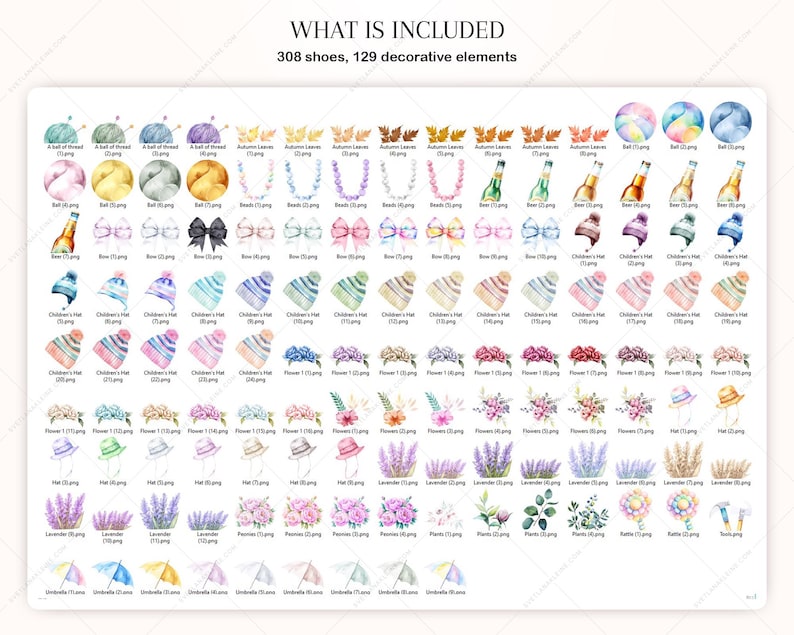 May include: A digital illustration of 308 shoes and 129 decorative elements. The elements include a ball of yarn, a bow, a children's hat, a flower, a lavender plant, a hat, a rattle, and an umbrella. The illustration is in a watercolor style.