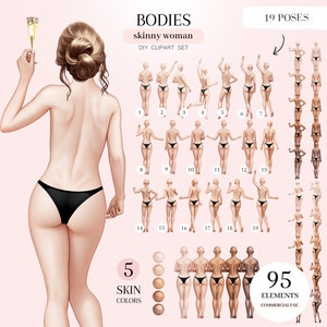 Peut inclure: Ensemble de cliparts numériques avec une femme mince dans 19 poses différentes. L'ensemble comprend 5 tons de peau et 95 éléments pour un usage commercial. Le texte comprend "BODIES", "skinny woman" et "DIY CLIPART SET".