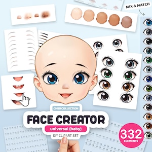 Clipart créateur de visage de bébé, créateur de portrait, lèvres, yeux, sourcils, clipart visages anime, tête personnalisée, clipart personnalisable