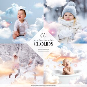 May include: 60 rainbow sparkle CLOUDS photo overlays. A collage of four images showing children in various settings with clouds and stars. The images are used to illustrate the product being sold.