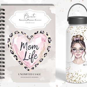 K&ouml;nnte beinhalten: Ein Spiralplaner-Cover und ein wei&szlig;er Becher. Das Planer-Cover hat ein Herzdesign mit Leopardenmuster und den Worten "Mom Life". Der Becher zeigt eine Frau mit Brille und goldenem Konfetti.