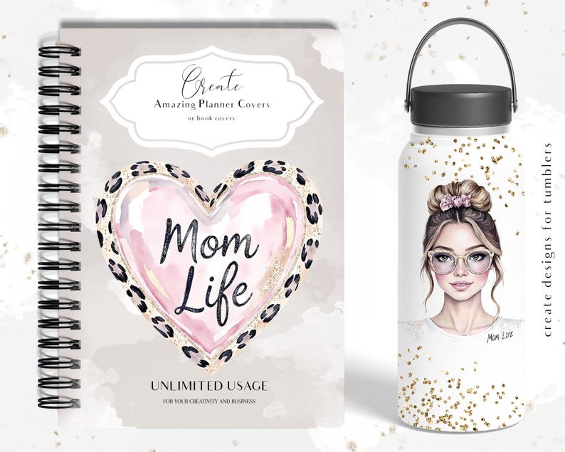 K&ouml;nnte beinhalten: Ein Spiralplaner-Cover und ein wei&szlig;er Becher. Das Planer-Cover hat ein Herzdesign mit Leopardenmuster und den Worten "Mom Life". Der Becher zeigt eine Frau mit Brille und goldenem Konfetti.