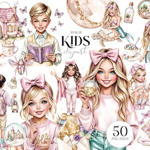 以下が含まれることがあります： 子供、蝶、魔法の要素のイラストが特徴のデジタルアートコレクション。ピンクの家、本を読む男の子、大きなピンクのリボンを持つ女の子、そしてテキスト「MAGIC KIDS elizart」が含まれています。 50 .PNGファイル。