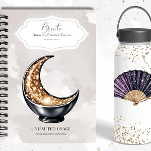 May include: A spiral-bound notebook with a crescent moon design and text that reads "Create Amazing Planner Covers or book covers" and "Unlimited Usage". A white tumbler with a black and purple fan design and text that reads "create designs for tumblers".