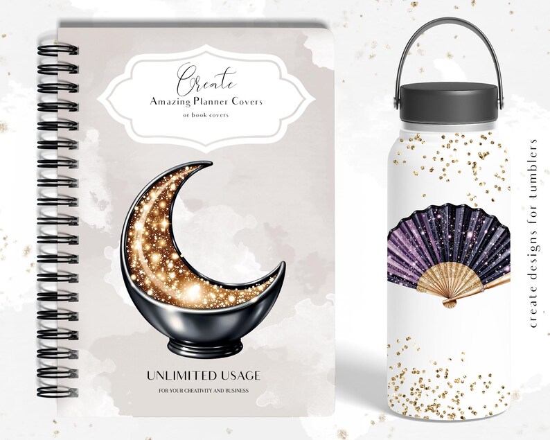May include: A spiral-bound notebook with a crescent moon design and text that reads "Create Amazing Planner Covers or book covers" and "Unlimited Usage". A white tumbler with a black and purple fan design and text that reads "create designs for tumblers".