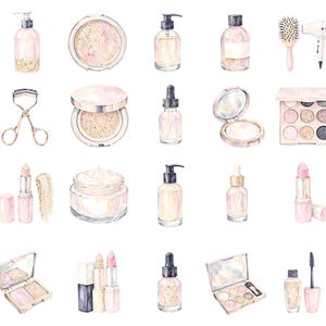 May include: Watercolor illustration of various beauty products, including bottles, compacts, lipsticks, and an eyelash curler. The products are in shades of pink, beige, and gold, creating a soft and feminine aesthetic. A hair dryer and brush are also included.