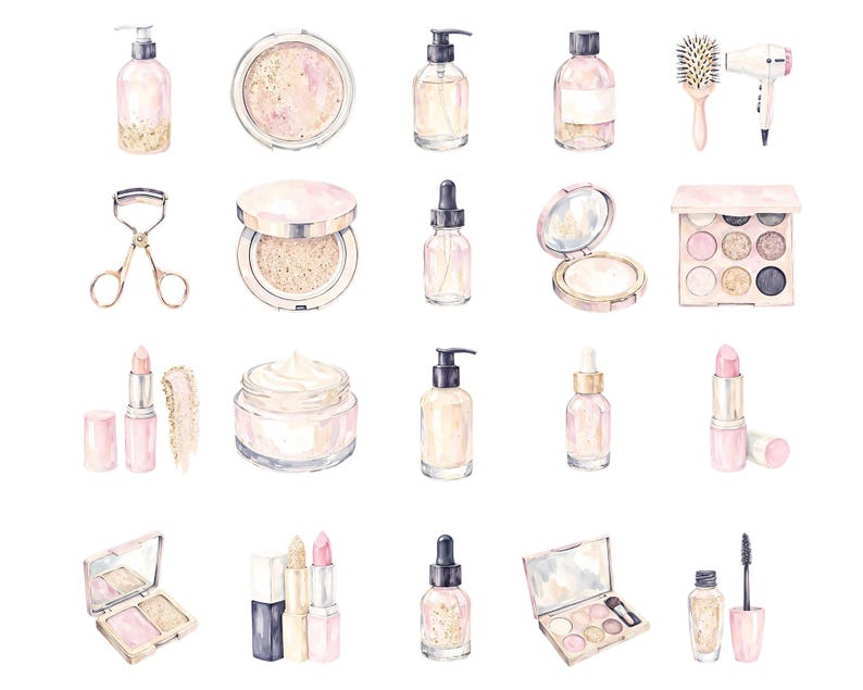 May include: Watercolor illustration of various beauty products, including bottles, compacts, lipsticks, and an eyelash curler. The products are in shades of pink, beige, and gold, creating a soft and feminine aesthetic. A hair dryer and brush are also included.
