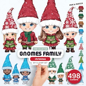 Op de afbeelding: Een digitale clipartset met 498 kerstgnomen. De set bevat 5 verschillende huidtinten, verschillende kledingopties en een mix-and-match-functie. De gnomen zijn geïllustreerd in een chibi-stijl, met grote hoofden en kleine lichamen. De set bevat een verscheidenheid aan poses en uitdrukkingen.