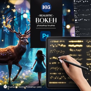 Puede incluir: Un conjunto de 105 pinceles de Photoshop para crear efectos de bokeh realistas. Los pinceles se muestran en la pantalla de una tableta con una mano sosteniendo un lápiz óptico. Los pinceles incluyen varios tamaños y formas de luces bokeh, así como algunos efectos de brillo y chispas.