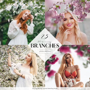 Puede incluir: Un conjunto de 25 superposiciones de fotos digitales con ramas florecientes. Las superposiciones están en formato PNG y están diseñadas para el modo de fusión normal. La imagen muestra cuatro mujeres diferentes con diferentes peinados y ropa, cada una con una superposición de rama floreciente diferente.