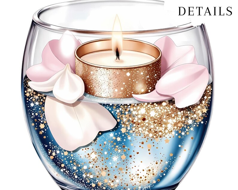 Pode incluir: Um casti&ccedil;al de vidro transparente com uma vela acesa no interior. A vela est&aacute; num suporte dourado, rodeada por p&eacute;talas cor-de-rosa e glitter dourado. A base do casti&ccedil;al tem um design de glitter azul e dourado. A palavra "DETAILS" est&aacute; no topo.