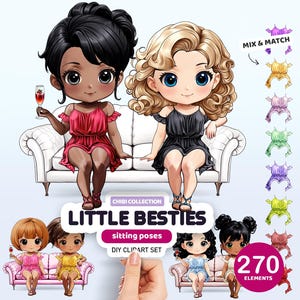 Besties on Sofa Clipart, Chibi Dolls Creator, Personalized Portrait, Custom Doll Clipart, Chibi Girls Clipart, Customizable Clipart,