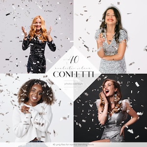 May include: 40 realistic silver confetti photo overlays. The image shows four women in different poses with silver confetti falling around them. The text "40 realistic silver confetti photo overlays" is in the center of the image.