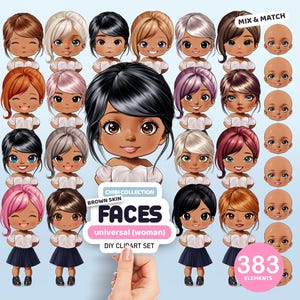 Brown Female Faces Clipart, Chibi Heads PNG, Custom Doll Creator, Anime Faces Clip Art, Personalized Portrait, Customizable Clipart