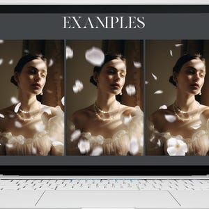 May include: A laptop screen displays three portraits of a person wearing a pearl necklace and earrings, with white petals floating around them. The word "EXAMPLES" is at the top of the screen.