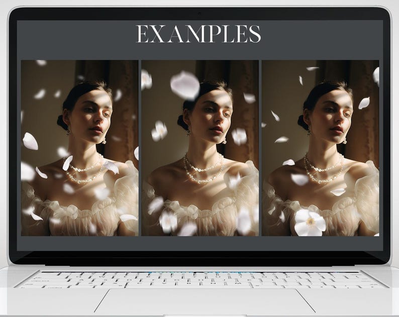 May include: A laptop screen displays three portraits of a person wearing a pearl necklace and earrings, with white petals floating around them. The word "EXAMPLES" is at the top of the screen.