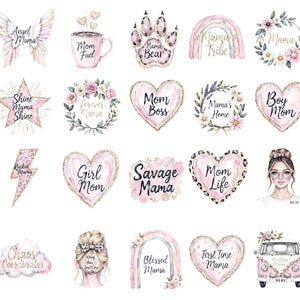 K&ouml;nnte beinhalten: Eine Sammlung von Aquarellillustrationen mit Mutter-Thema. Die Bilder zeigen Herzen, Sterne, Fl&uuml;gel und einen Van, jeweils mit Text wie "Mom Boss", "Angel Mama" und "First Time Mama". Die Farbpalette ist zartrosa und gold.