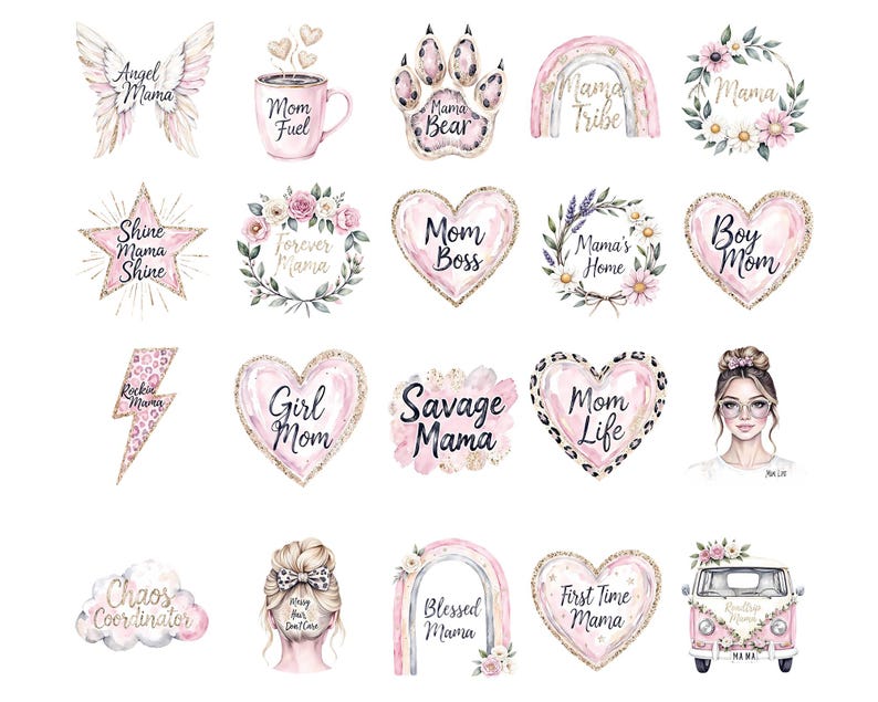 K&ouml;nnte beinhalten: Eine Sammlung von Aquarellillustrationen mit Mutter-Thema. Die Bilder zeigen Herzen, Sterne, Fl&uuml;gel und einen Van, jeweils mit Text wie "Mom Boss", "Angel Mama" und "First Time Mama". Die Farbpalette ist zartrosa und gold.