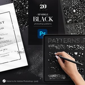 May include: A digital tablet displaying 20 black and white sparkle patterns for Adobe Photoshop. The text "20 - SPARKLE - BLACK photoshop patterns" is displayed on the screen. The text "PATTERNS.P" is also displayed on the screen.