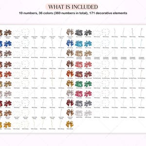 Pu&ograve; includere: Un grafico che mostra 360 numeri di diversi colori e 171 elementi decorativi. I numeri hanno la forma di un fiocco e sono disposti in righe per colore. Gli elementi decorativi sono piccoli e sparsi su tutto il grafico.