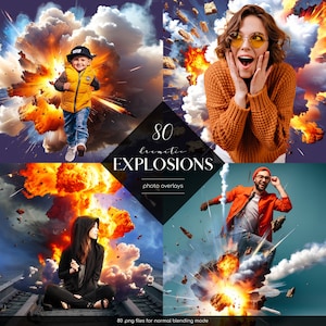 Könnte beinhalten: Ein Set mit 80 Foto-Overlays mit dramatischen Explosionen in verschiedenen Größen und Formen. Die Overlays sind perfekt, um Ihren Fotos ein Gefühl von Action und Spannung zu verleihen. Die Overlays sind im PNG-Format und mit den meisten Bildbearbeitungsprogrammen kompatibel.