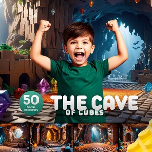 May include: A young boy in a green shirt stands in front of a colorful, block-like cave. The cave is made of colorful blocks and has a large opening in the back. The text "50 DIGITAL BACKDROPS THE CAVE OF CUBES" is displayed in the foreground.
