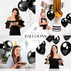 Fotoöverlägg med svarta ballonger: 30 PNG-filer (digital nedladdning)