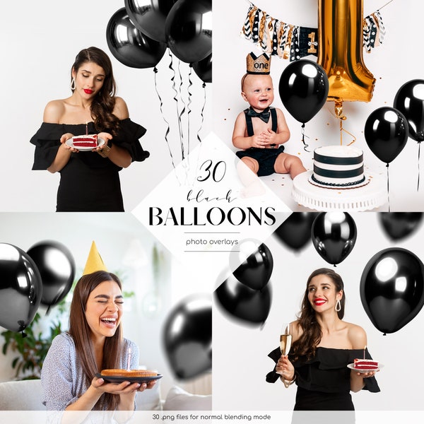 Black Balloons Photo Overlays, 30 PNG Files, Black Balloons Clip Art, Balloons in the Air Effects, Free Commercial Use