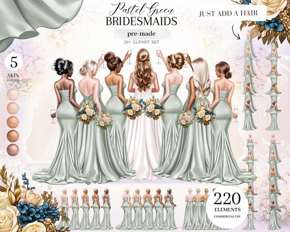 Pastel Green Bridesmaids Clipart: Wedding Portrait Creator (PNG, Digital Download)