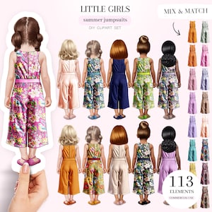 Toddlers in Jumpsuits Clipart, Children Clothes Clipart, Custom Girl Clipart PNG, Personalized Portrait, Girl Portrait Creator