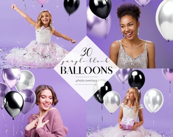 Black and Purple Balloons Photo Overlays, 30 PNG Files, Purple Balloons Clip Art, Balloons in the Air Effects, Free Commercial Use