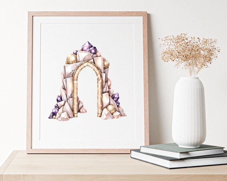 May include: A framed print featuring a watercolor illustration of a fantasy archway. The arch is constructed of light-colored stone and adorned with purple crystals and golden orbs. The artwork is displayed on a wooden surface, with a white vase and books in the background.