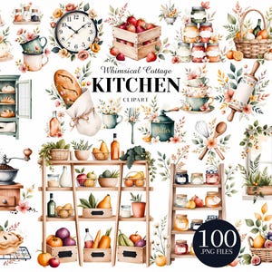 Puede incluir: Ilustración en acuarela de imágenes prediseñadas con temática de cocina. La imagen presenta una variedad de elementos, incluyendo un reloj, productos horneados, frutas, verduras, frascos y utensilios de cocina. El texto "Whimsical Cottage Kitchen Clipart" también es visible.