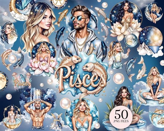 Pisces Zodiac Clipart Bundle, Celestial Water Sign Art, Mermaid & Fish PNG Set