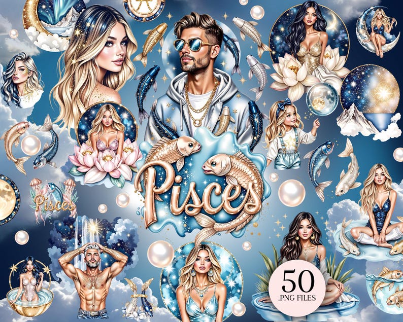 May include: A digital art collection featuring illustrations of people, fish, pearls, and celestial elements. The central design element is the word "Pisces" in gold script. The color palette includes shades of blue, gold, and white, with a dreamy, ethereal aesthetic. The image includes the text "50 .PNG FILES".