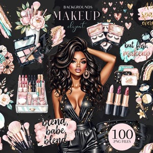 Könnte beinhalten: Digitale Illustration von Make-up-Produkten und -Zubehör, darunter Lidschattenpaletten, Lippenstifte, Pinsel und eine Frau mit langen, dunklen Haaren. Der Text enthält "MAKEUP" und "blend, babe, blend". Das Bild enthält 100 PNG-Dateien.