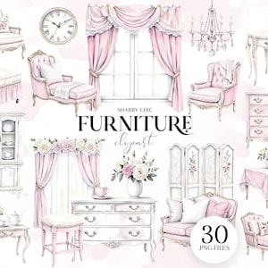 May include: A watercolour illustration of Shabby Chic furniture in soft pink and white tones. The image features chairs, a chaise lounge, a cabinet, a table, and a dresser, all with floral accents and a vintage aesthetic. A clock and chandelier are also included.