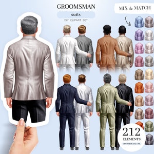May include: Groomsman suits DIY clipart set with 212 elements for commercial use.  Mix and match 5 skin colors with a variety of suit colors and styles.