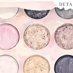 May include: A watercolor-style makeup palette with nine circular pans in various shades. Colors include pink, beige, brown, and dark gray. The word "DETAILS" is written in white in the upper right corner.