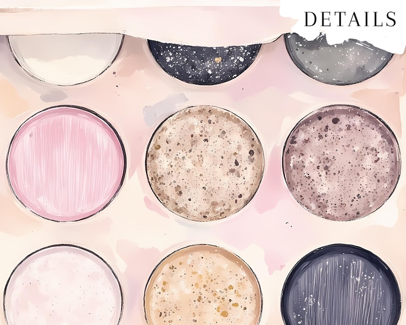May include: A watercolor-style makeup palette with nine circular pans in various shades. Colors include pink, beige, brown, and dark gray. The word "DETAILS" is written in white in the upper right corner.