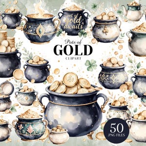 May include: Watercolor clipart set featuring various pots filled with gold coins. The pots are in shades of blue, gray, and white, adorned with decorative elements. The image includes the text "Pots of GOLD" and "50 .PNG FILES".