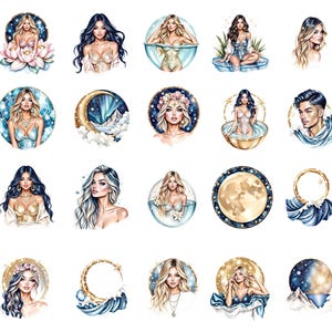 Pisces Zodiac Clipart Bundle, Celestial Water Sign Art, Mermaid & Fish PNG Set image 3