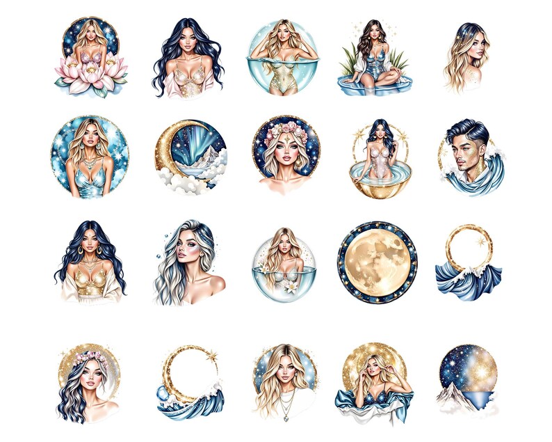 Pisces Zodiac Clipart Bundle, Celestial Water Sign Art, Mermaid & Fish PNG Set image 3