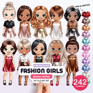 Chibi Fashion Girls Clipart, Fancy Girl Creator, Personalized Portrait, Custom Doll Creator, Chibi Girls Clipart, Customizable Clipart,
