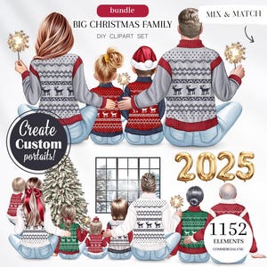 Big Christmas Family Clipart, 2025 New Year Clipart, Ugly Sweaters, Custom Christmas Family Portrait, Back View, Personalized Gift