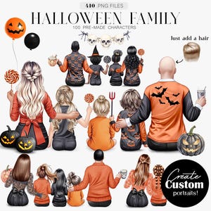 May include: Digital art featuring a Halloween family with various characters, pumpkins, and balloons. The image includes the text "Halloween Family" and "Create Custom Portraits!" with 5 skin color options and 100 pre-made characters.