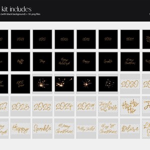 May include: A set of 40 gold glitter graphics for digital design. The graphics include the words "Happy Holidays", "Merry Christmas", "Sparkle", "Hello", "Joy", "Let it Snow", "2027", "2028", "2029", "2030", and more. The graphics are on a black and transparent background.