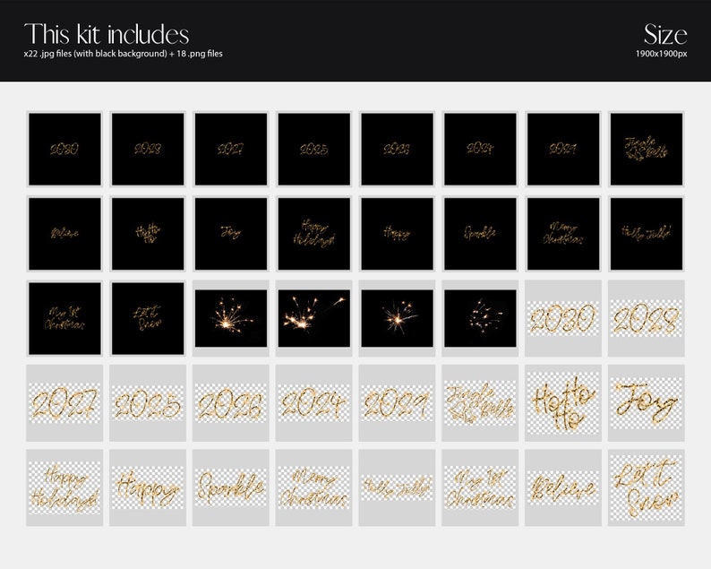 May include: A set of 40 gold glitter graphics for digital design. The graphics include the words "Happy Holidays", "Merry Christmas", "Sparkle", "Hello", "Joy", "Let it Snow", "2027", "2028", "2029", "2030", and more. The graphics are on a black and transparent background.