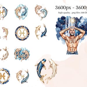 Pisces Zodiac Clipart Bundle, Celestial Water Sign Art, Mermaid & Fish PNG Set image 4