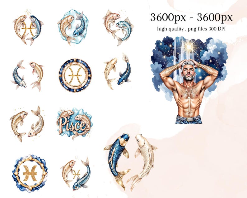 Pisces Zodiac Clipart Bundle, Celestial Water Sign Art, Mermaid & Fish PNG Set image 4